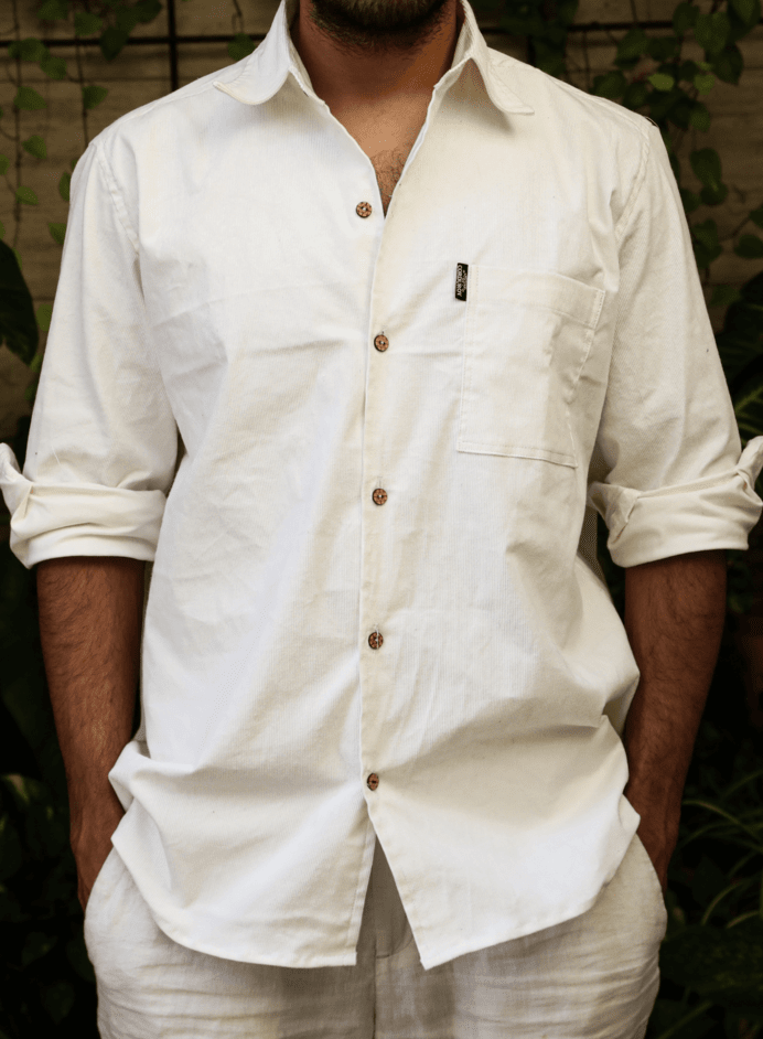 Full Sleeve Pearl White Corduroy Casual Shirt  1