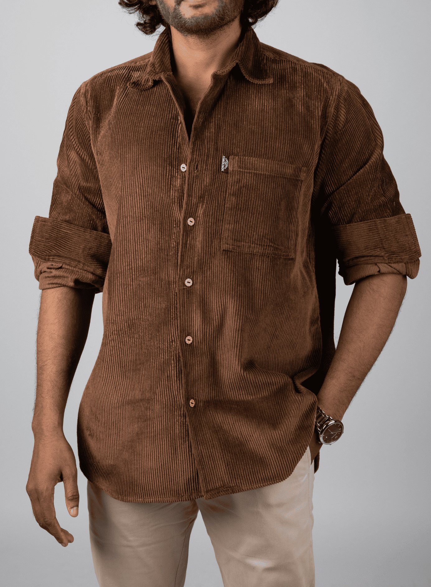Full Sleeve Corduroy Shirt Grey Single Pocket 1